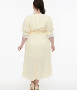 Unique Vintage Midi|Everyday Dresses>Plus Size 1930s Cream & White Lace Midi Dress