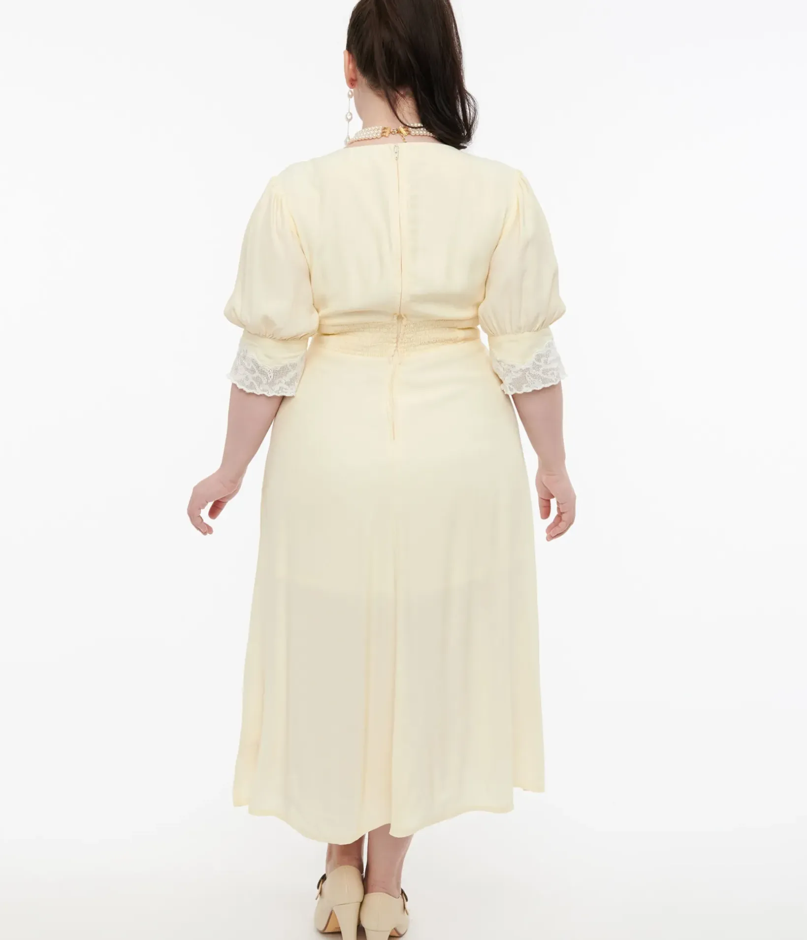 Unique Vintage Midi|Everyday Dresses>Plus Size 1930s Cream & White Lace Midi Dress