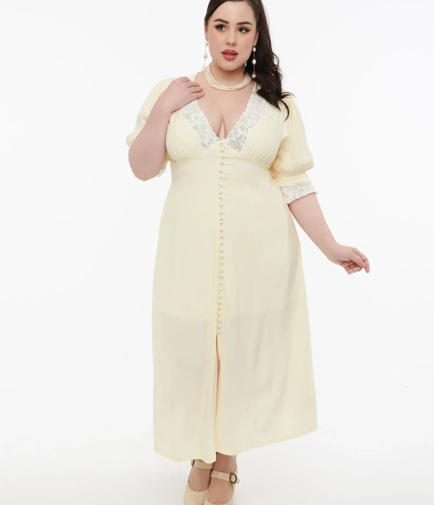 Unique Vintage Midi|Everyday Dresses>Plus Size 1930s Cream & White Lace Midi Dress