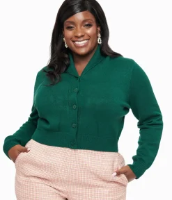 Unique Vintage Sweaters & Cardigans|Work Wear>Plus Size 1950s Forest Green Cropped Cardigan