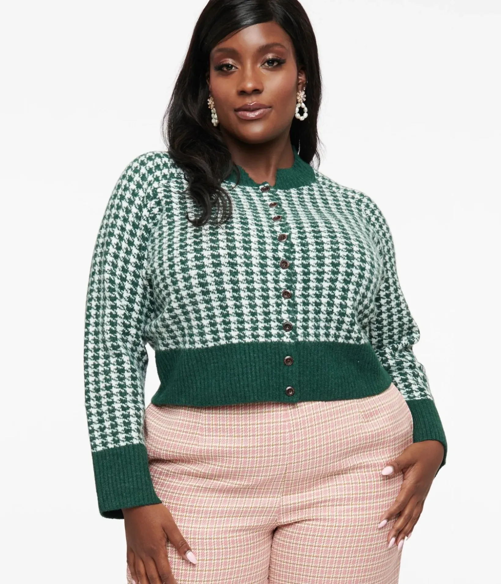 Unique Vintage Sweaters & Cardigans|Work Wear>Plus Size 1950s Green & White Houndstooth Hattie Cardigan