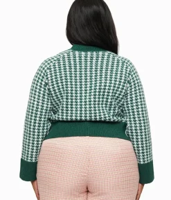 Unique Vintage Sweaters & Cardigans|Work Wear>Plus Size 1950s Green & White Houndstooth Hattie Cardigan