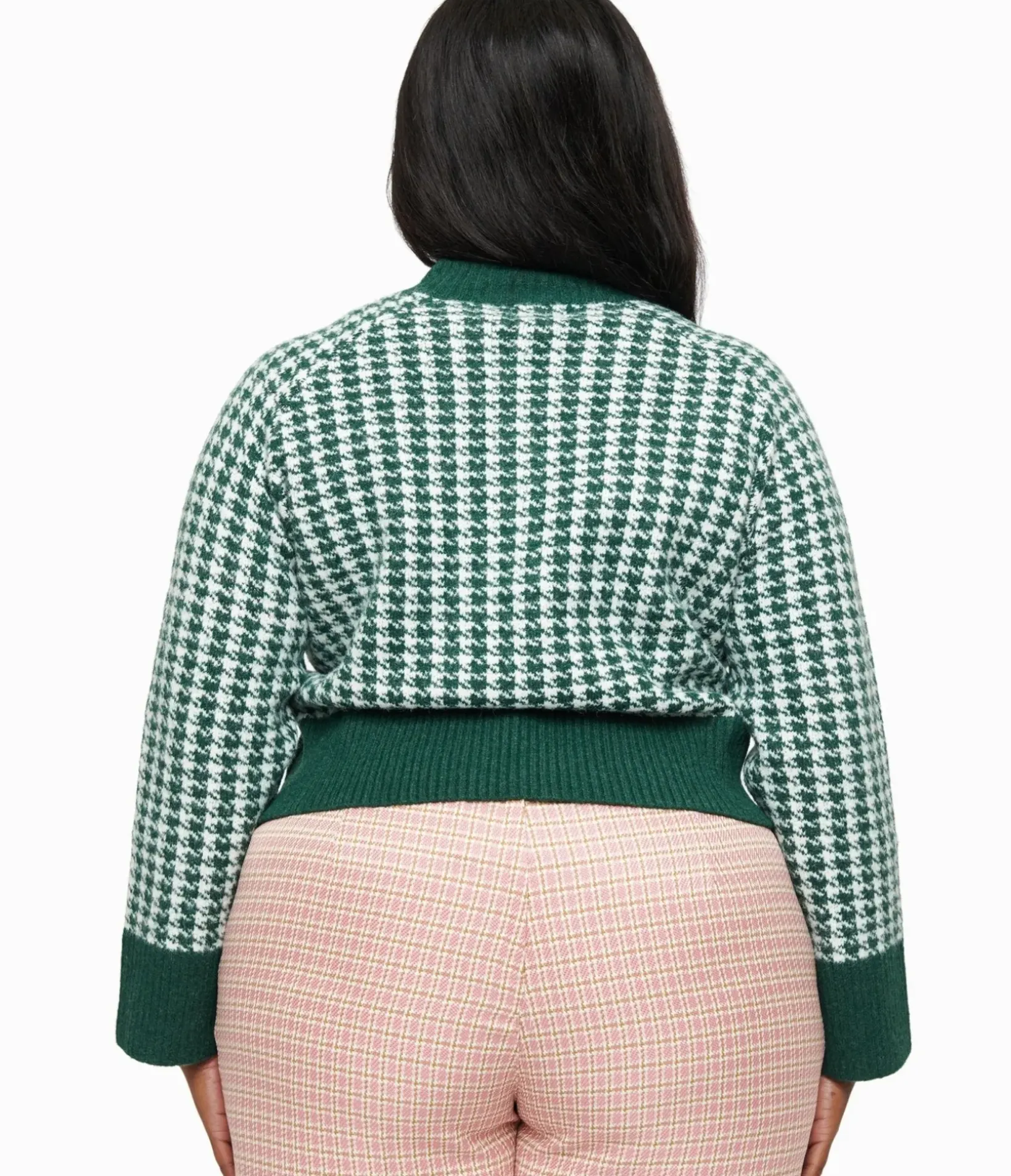 Unique Vintage Sweaters & Cardigans|Work Wear>Plus Size 1950s Green & White Houndstooth Hattie Cardigan