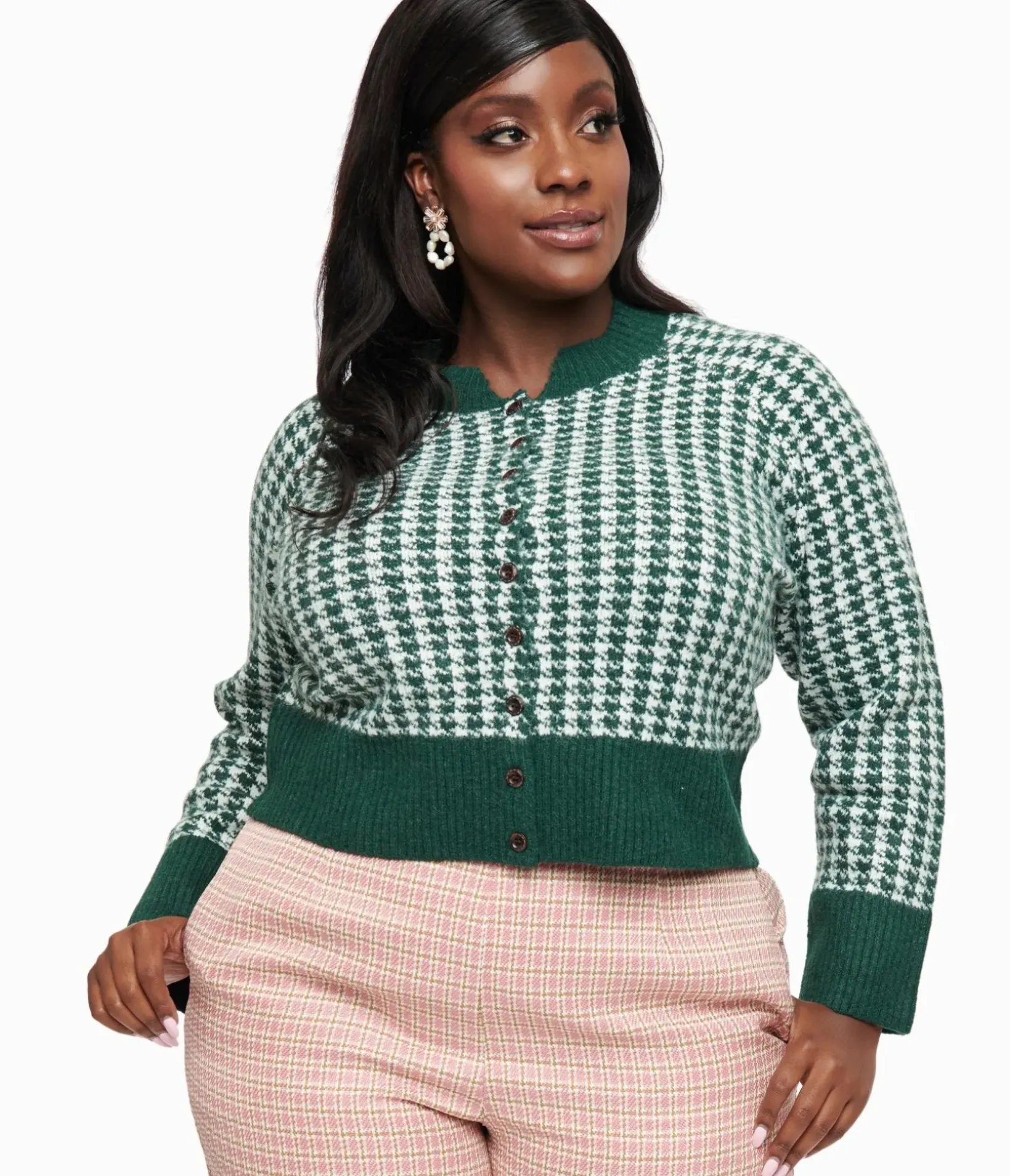 Unique Vintage Sweaters & Cardigans|Work Wear>Plus Size 1950s Green & White Houndstooth Hattie Cardigan
