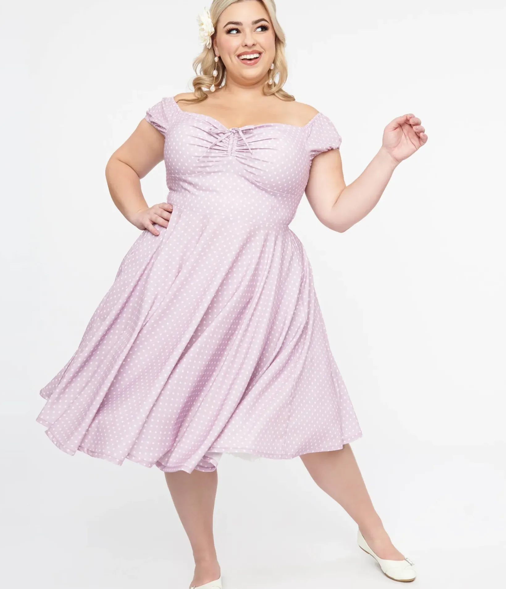 Unique Vintage Swing|Pocket Dresses>Plus Size 1950s Lavender & White Heart Print Victoria Swing Dress