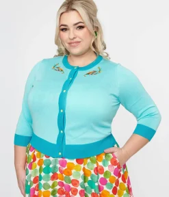 Unique Vintage Sweaters & Cardigans|Work Wear>Plus Size 1950s Light Blue & Chameleon Cardigan