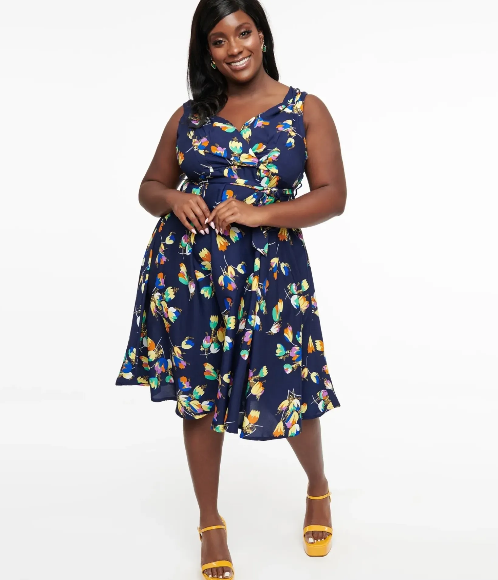 Unique Vintage Swing|Swing>Plus Size 1950s Navy Floral Print Swing Dress