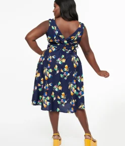 Unique Vintage Swing|Swing>Plus Size 1950s Navy Floral Print Swing Dress