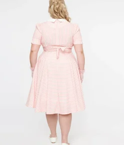 Unique Vintage Swing|Pocket Dresses>Plus Size 1950s Pink & White Striped Brielle Swing Dress