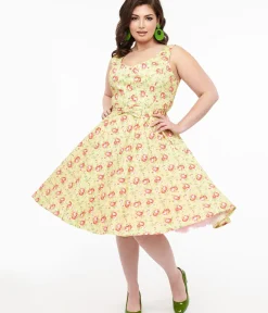 Unique Vintage Swing|Pocket Dresses>Plus Size 1950s Pistachio Green & Pink Floral Cotton Selda Swing Dress