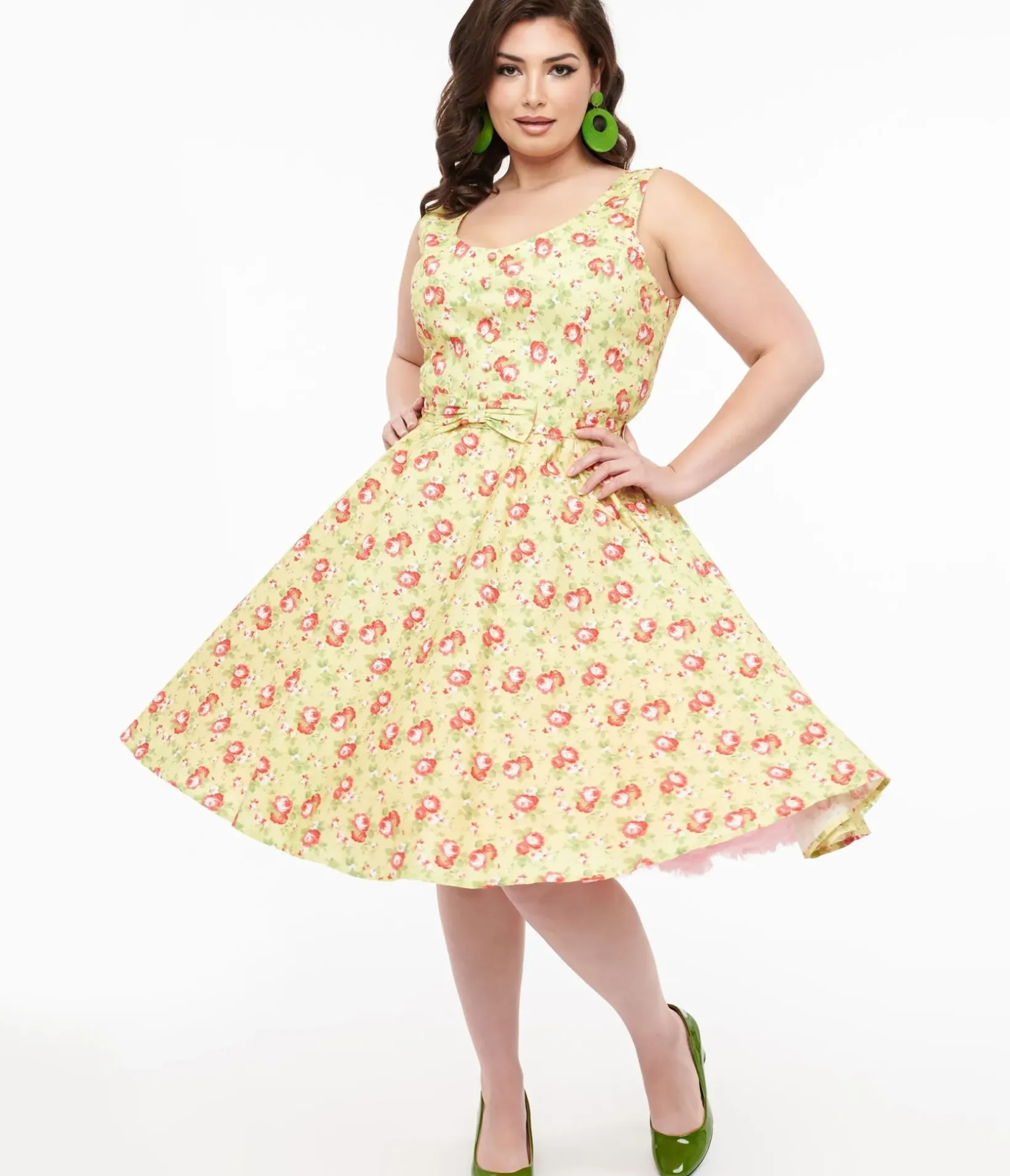 Unique Vintage Swing|Pocket Dresses>Plus Size 1950s Pistachio Green & Pink Floral Cotton Selda Swing Dress