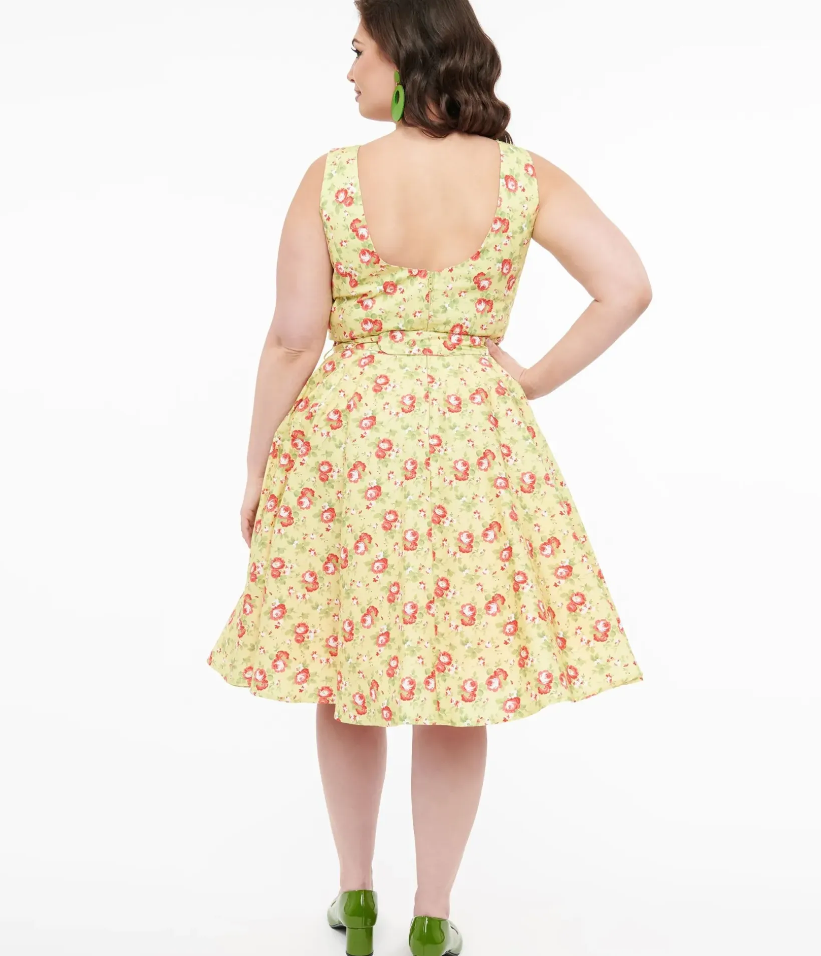 Unique Vintage Swing|Pocket Dresses>Plus Size 1950s Pistachio Green & Pink Floral Cotton Selda Swing Dress