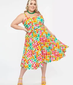 Unique Vintage Swing|Pocket Dresses>Plus Size 1950s Rainbow Watercolor Polka Dot Lori Swing Dress