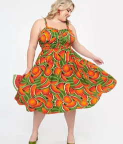 Unique Vintage Swing|Pocket Dresses>Plus Size 1950s Red & Green Watermelon Print Eden Fit & Flare Dress