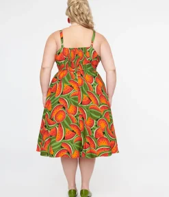 Unique Vintage Swing|Pocket Dresses>Plus Size 1950s Red & Green Watermelon Print Eden Fit & Flare Dress