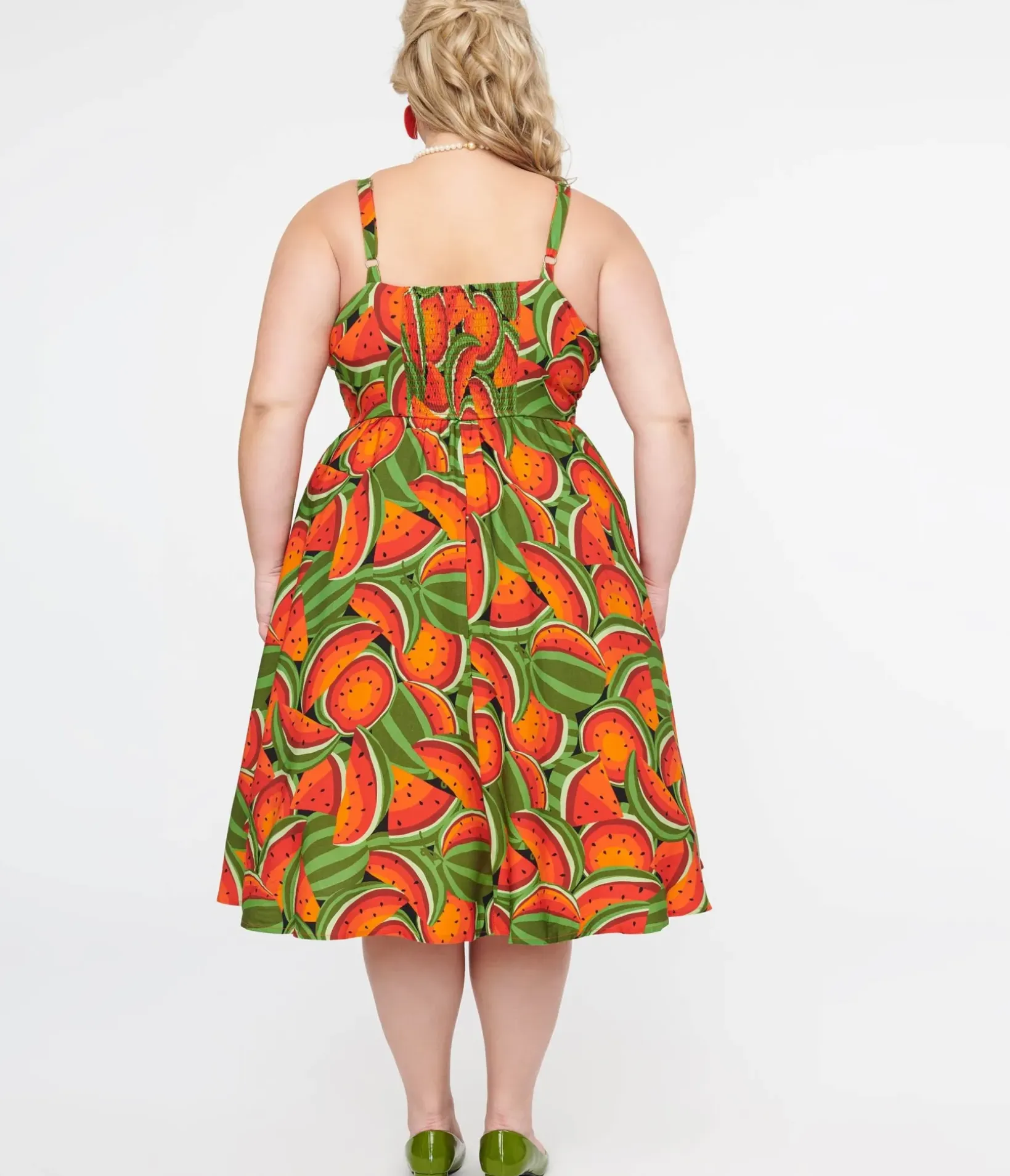Unique Vintage Swing|Pocket Dresses>Plus Size 1950s Red & Green Watermelon Print Eden Fit & Flare Dress