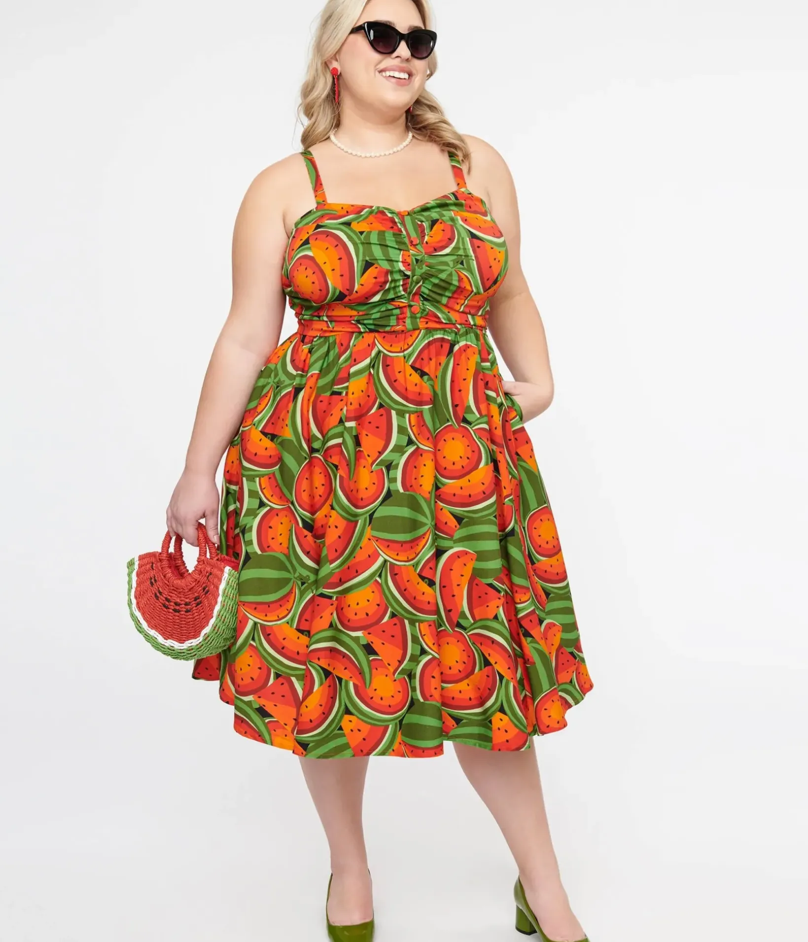 Unique Vintage Swing|Pocket Dresses>Plus Size 1950s Red & Green Watermelon Print Eden Fit & Flare Dress