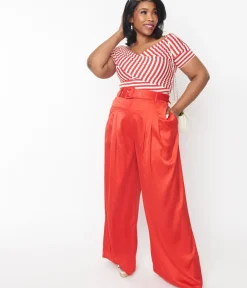 Unique Vintage Pants|Pants>Plus Size 1970s Red Satin Belted Wide Leg Pants