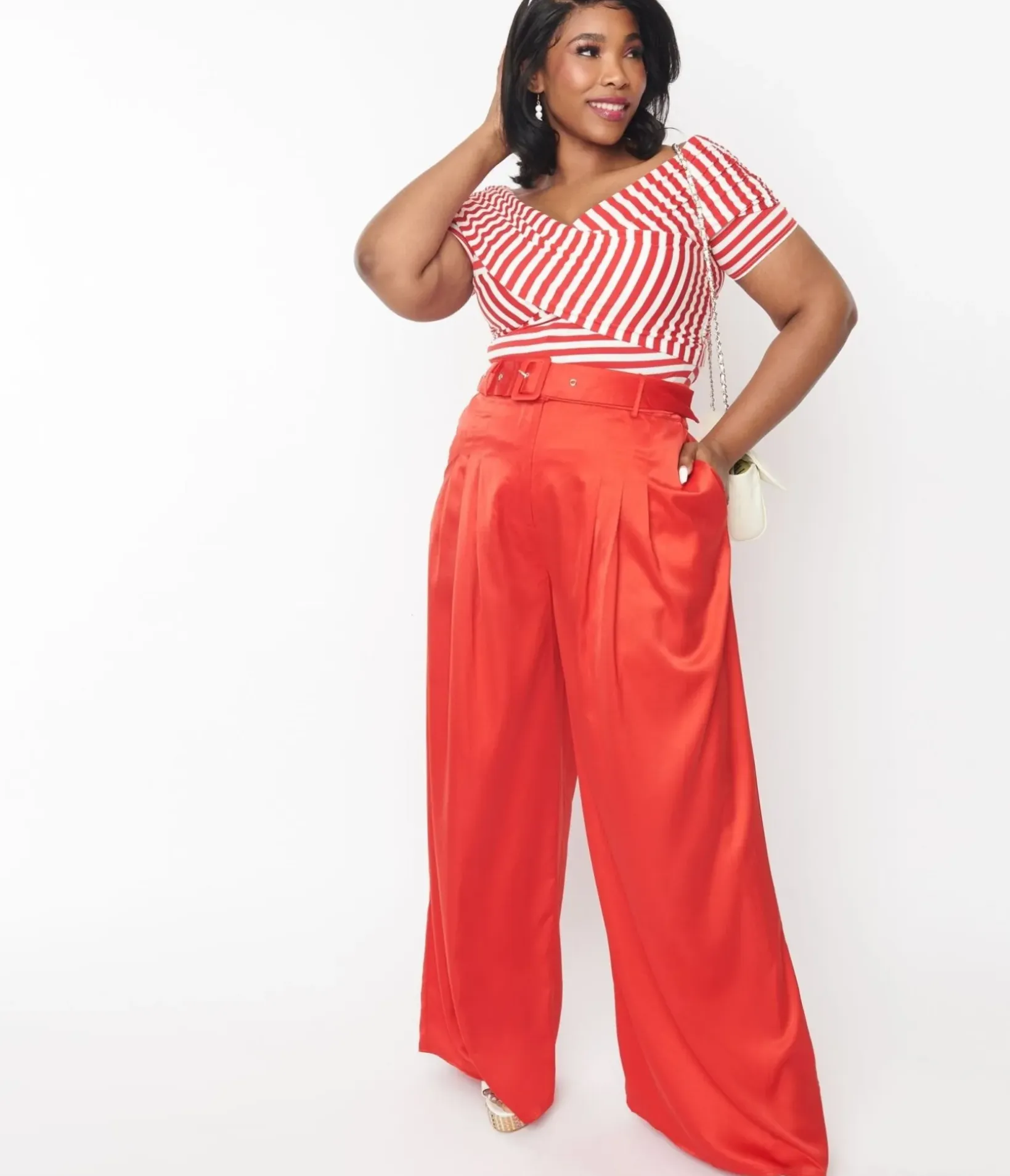 Unique Vintage Pants|Pants>Plus Size 1970s Red Satin Belted Wide Leg Pants