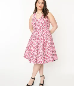 Unique Vintage Swing|Pocket Dresses>Plus Size 1950s Style Hot Pink Cat Print Sleeveless Swing Dress