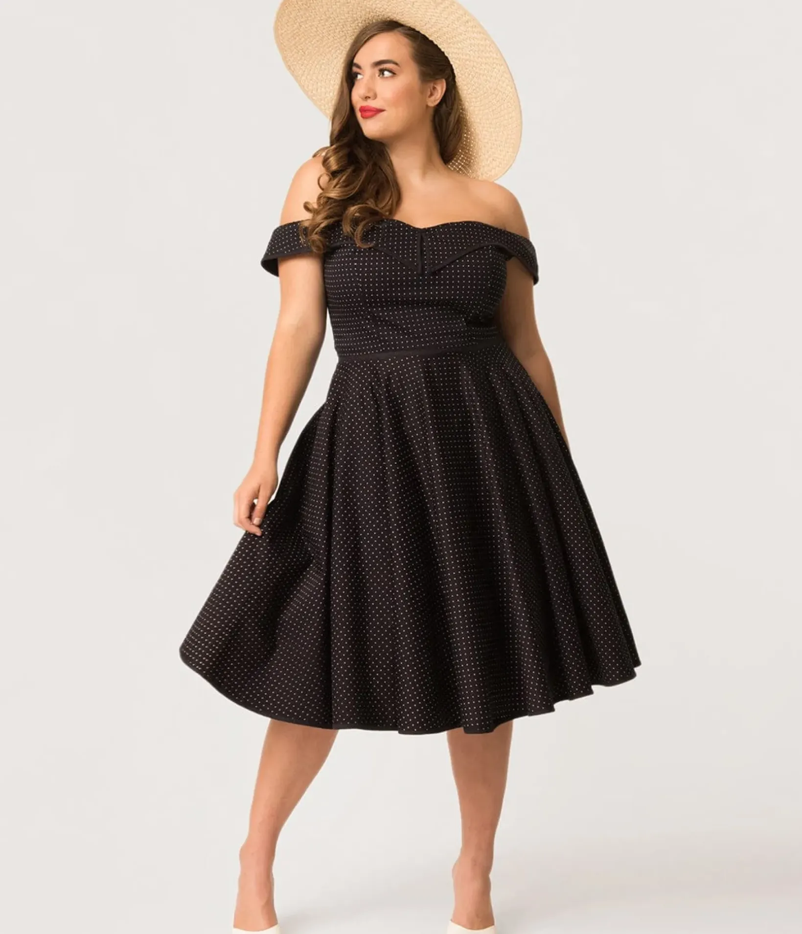 Unique Vintage Swing|Pocket Dresses>Plus Size 1950s Style Navy & White Pin Dot Off Shoulder Scarlet Swing Dress