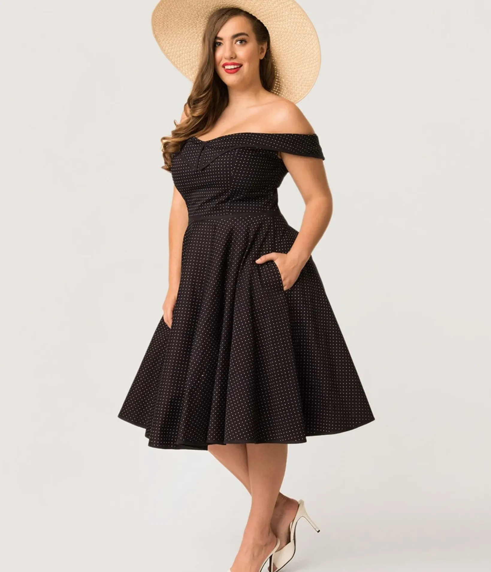 Unique Vintage Swing|Pocket Dresses>Plus Size 1950s Style Navy & White Pin Dot Off Shoulder Scarlet Swing Dress