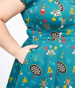 Unique Vintage Swing|Pocket Dresses>Plus Size 1950s Teal Dart Board Keep Em Flying Cotton Swing Dress