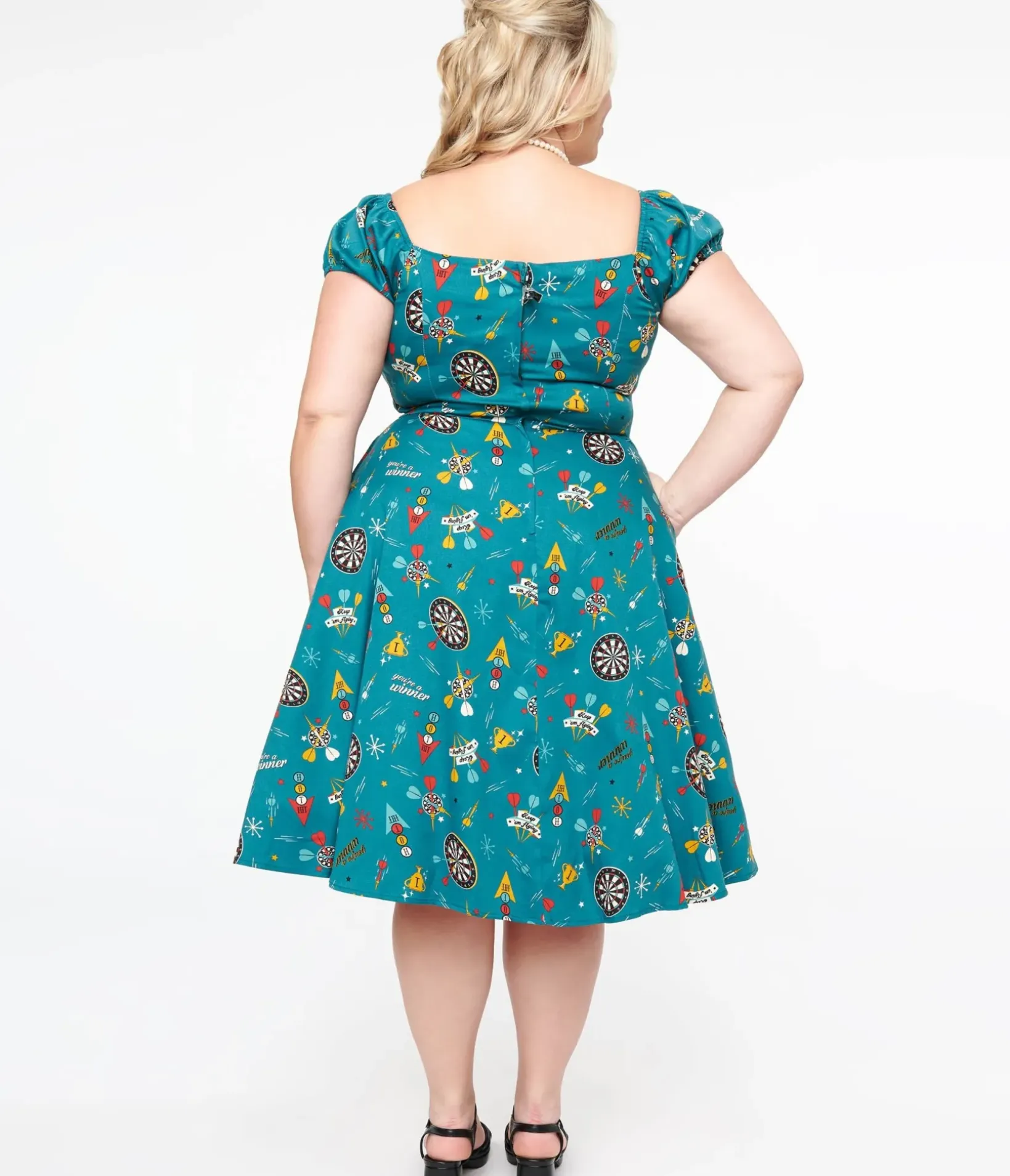 Unique Vintage Swing|Pocket Dresses>Plus Size 1950s Teal Dart Board Keep Em Flying Cotton Swing Dress