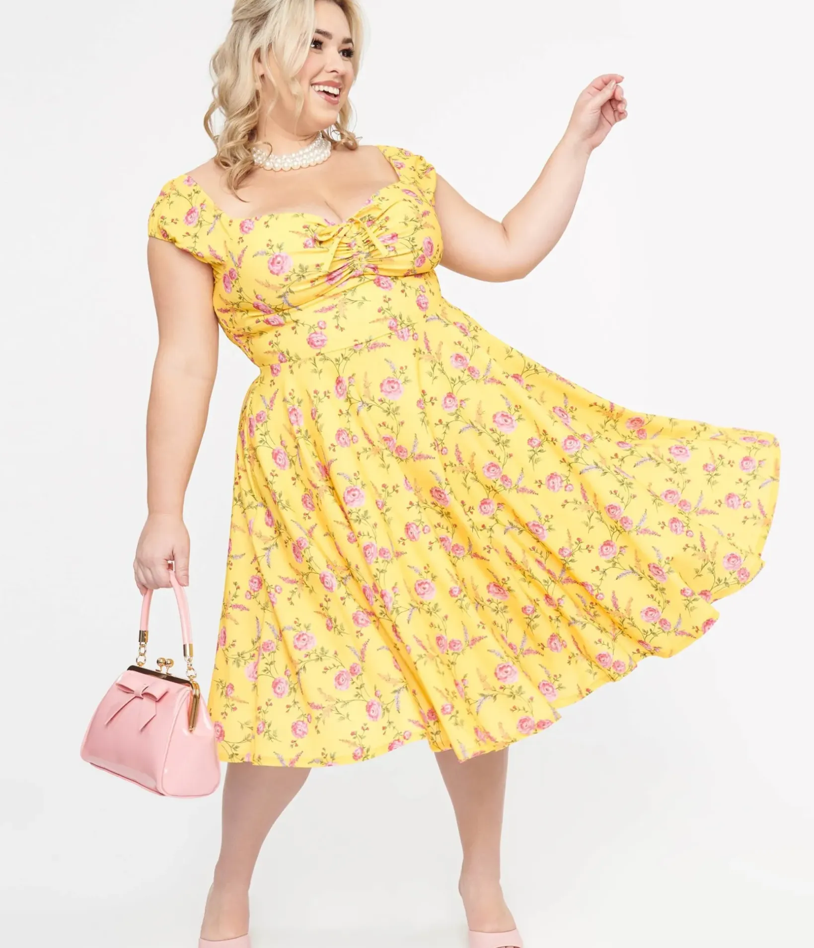 Unique Vintage Swing|Pocket Dresses>Plus Size 1950s Yellow & Fuchsia Floral Victoria Swing Dress