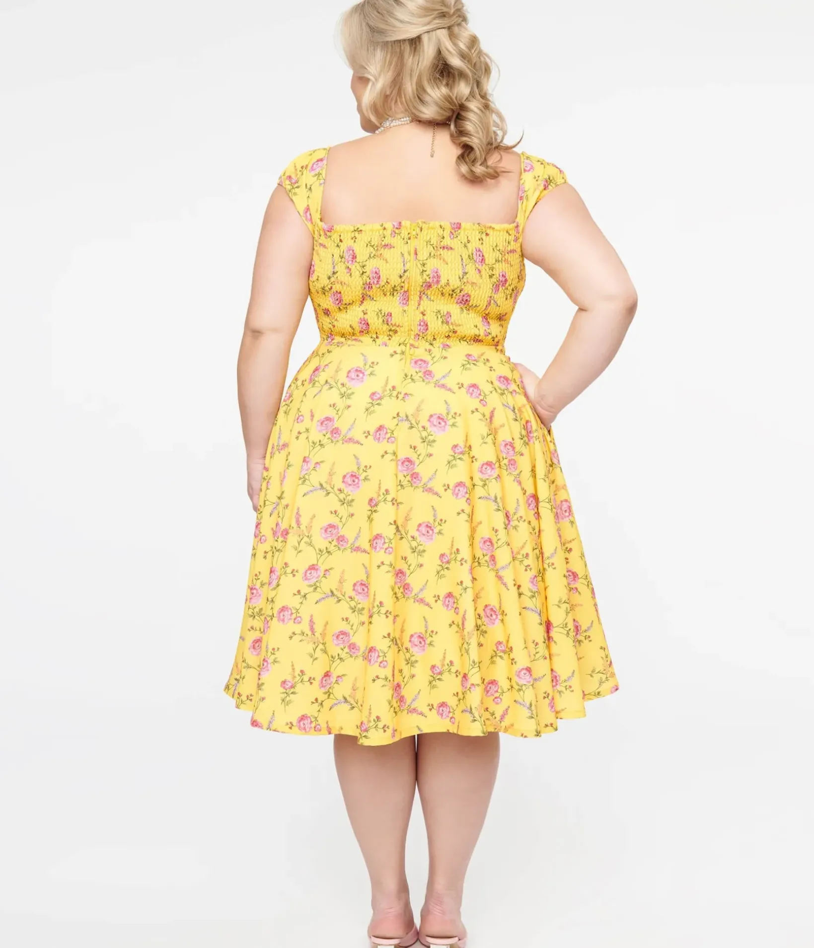 Unique Vintage Swing|Pocket Dresses>Plus Size 1950s Yellow & Fuchsia Floral Victoria Swing Dress