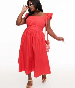 Unique Vintage Midi|Everyday Dresses>Plus Size Y2K Red Flutter Sleeve Poplin Midi Dress