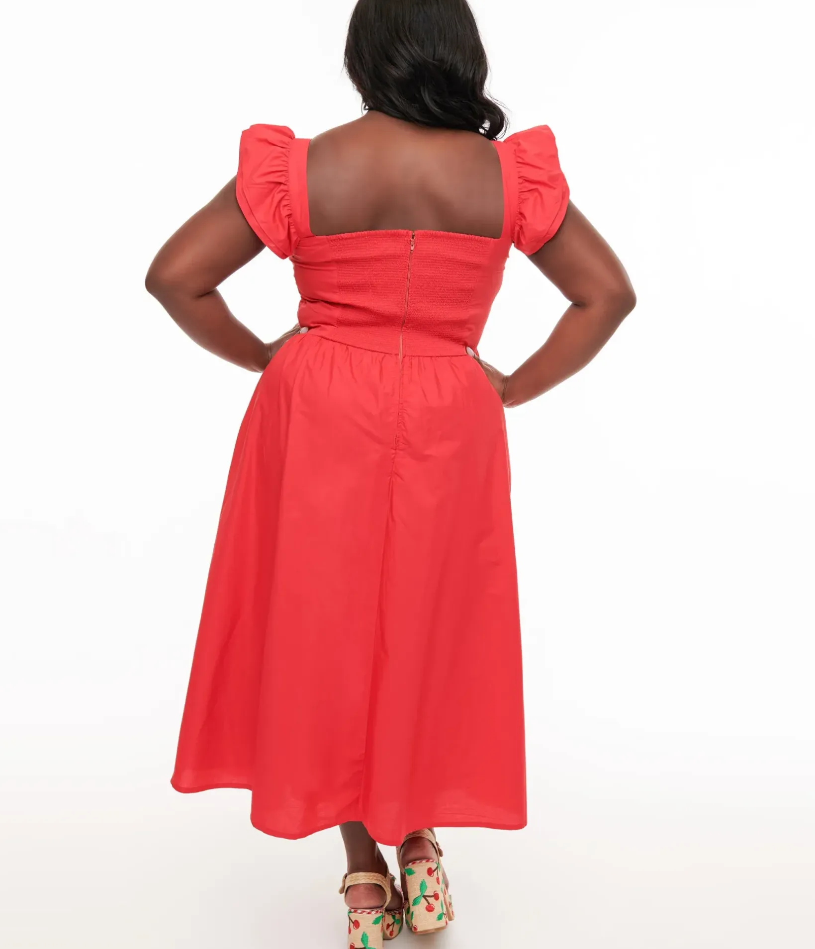 Unique Vintage Midi|Everyday Dresses>Plus Size Y2K Red Flutter Sleeve Poplin Midi Dress