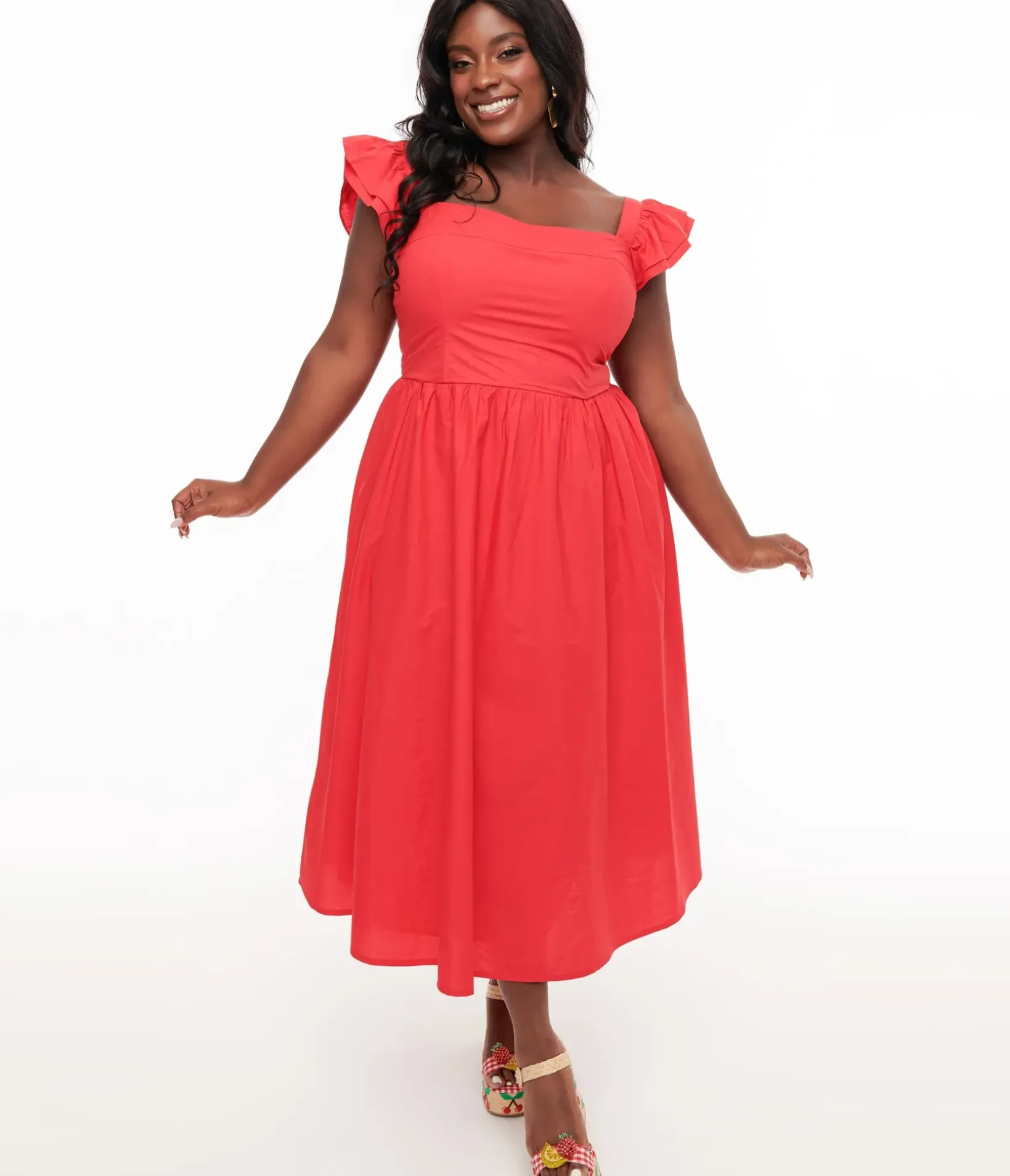 Unique Vintage Midi|Everyday Dresses>Plus Size Y2K Red Flutter Sleeve Poplin Midi Dress