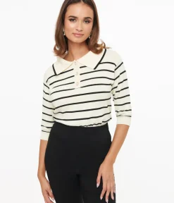 Unique Vintage Work Wear>Polagram 1960s Ivory & Black Stripe Polo Knit Sweater