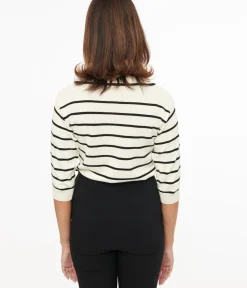 Unique Vintage Work Wear>Polagram 1960s Ivory & Black Stripe Polo Knit Sweater