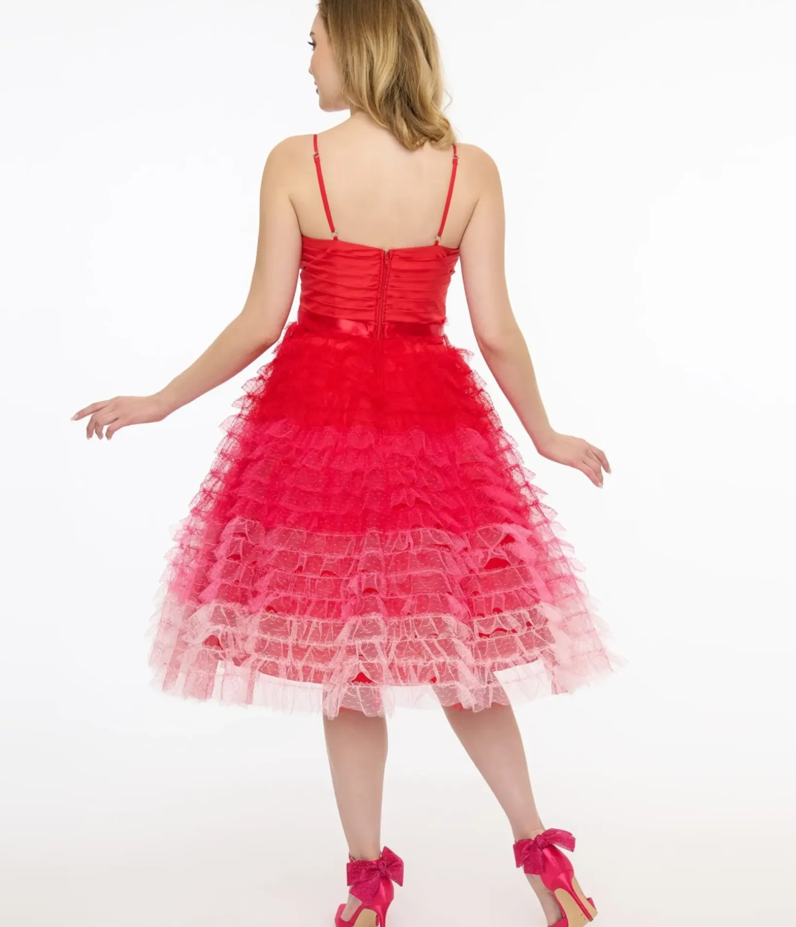 Unique Vintage Swing|Everyday Dresses>Preorder- 1950s Red & Pink Ombre Tulle Cupcake Swing Dress