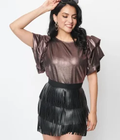 Unique Vintage Work Wear|Concert & Festivals>Purple Metallic Ruffle Top
