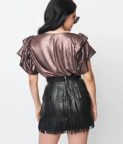 Unique Vintage Work Wear|Concert & Festivals>Purple Metallic Ruffle Top