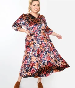 Unique Vintage Maxi>Purple & Multicolor Floral Velvet Midi Dress