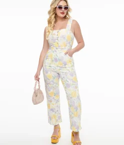 Unique Vintage Rompers & Jumpsuits>Purple & Yellow Pastel Floral Jumpsuit