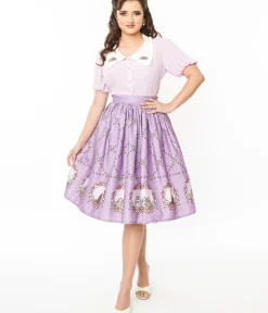 Unique Vintage Skirts>Pusheen x Lavender Pusheen Floral Frame Print Gellar Swing Skirt