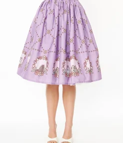 Unique Vintage Skirts>Pusheen x Lavender Pusheen Floral Frame Print Gellar Swing Skirt