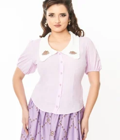 Unique Vintage Blouses>Pusheen x Lavender Pusheen Springtime Embroidered Oversized Collar Blouse