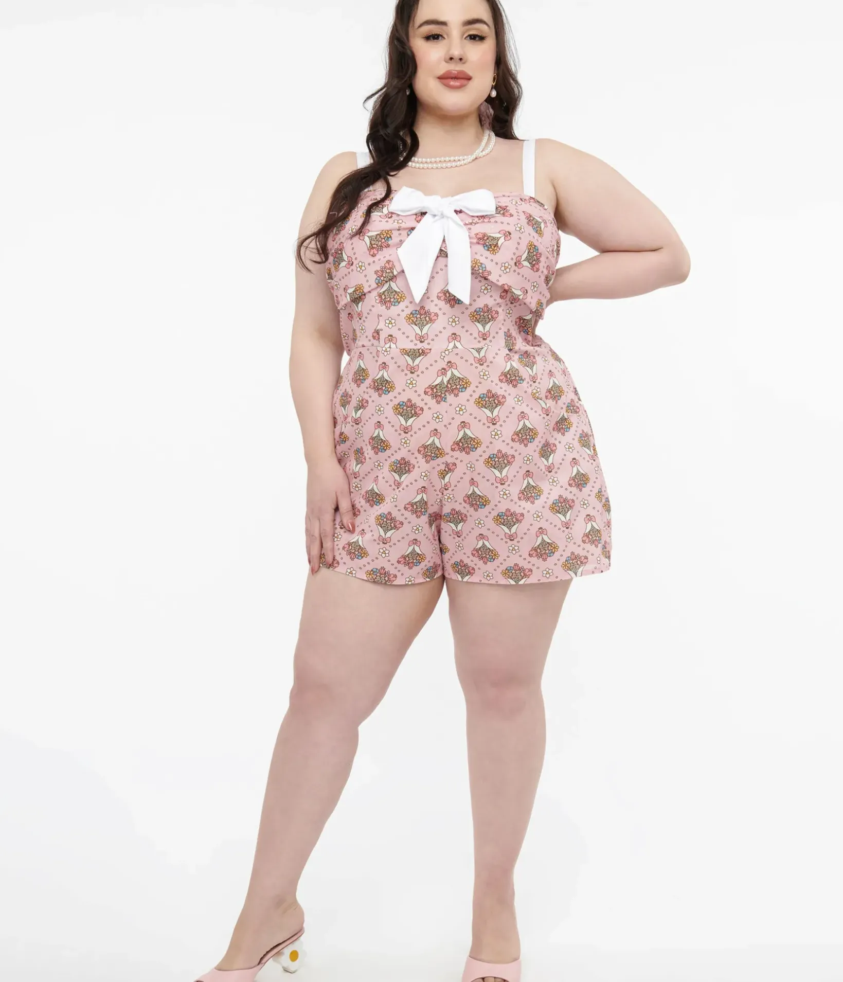 Unique Vintage Rompers & Jumpsuits|Rompers & Jumpsuits>Pusheen x Plus Size Pink Pusheen Floral Bouquet Print Rae Romper