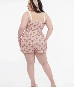 Unique Vintage Rompers & Jumpsuits|Rompers & Jumpsuits>Pusheen x Plus Size Pink Pusheen Floral Bouquet Print Rae Romper