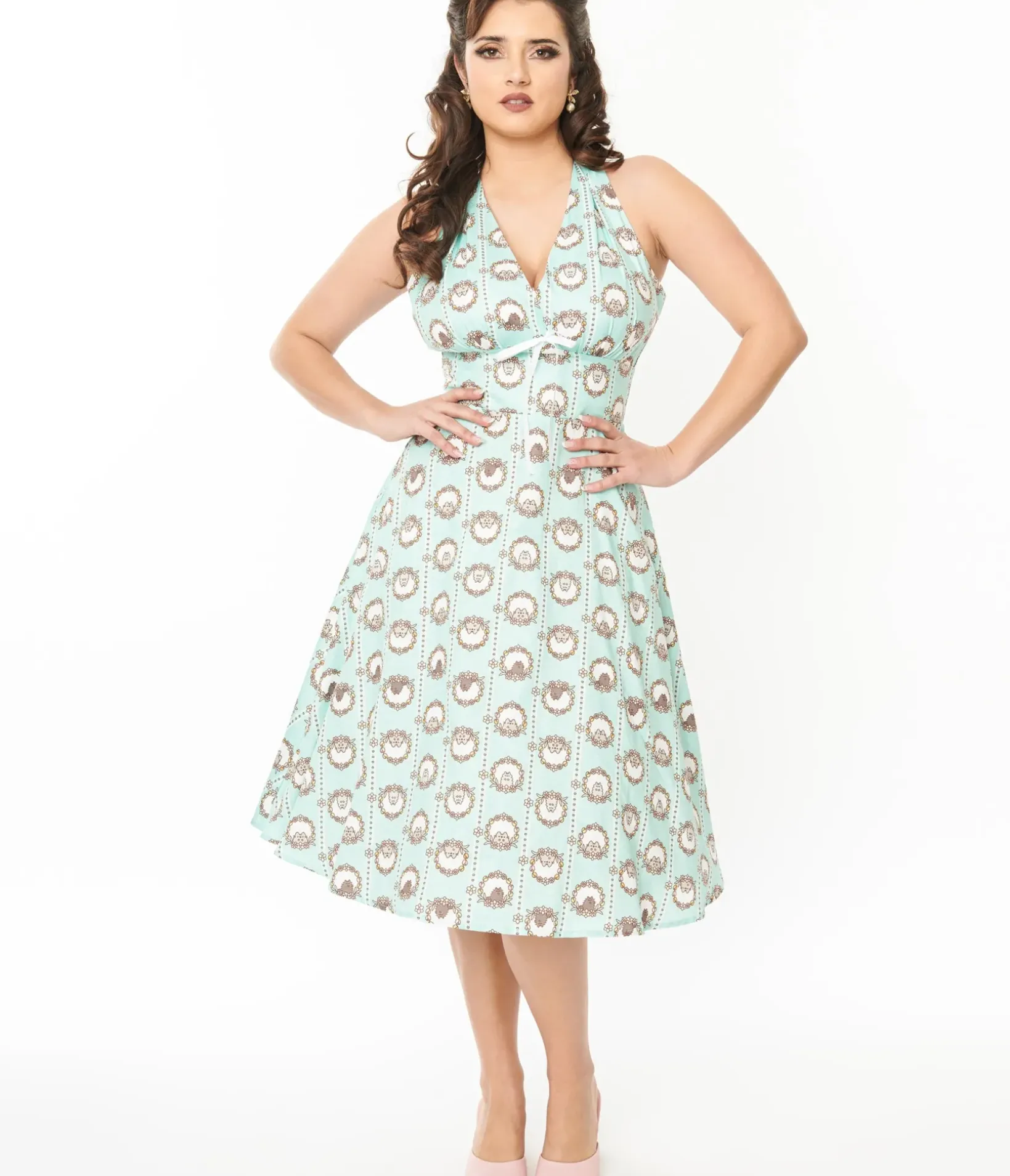 Unique Vintage Swing|Pocket Dresses>Pusheen x Teal Pusheen Floral Frame Print Halter Swing Dress