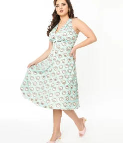 Unique Vintage Swing|Pocket Dresses>Pusheen x Teal Pusheen Floral Frame Print Halter Swing Dress