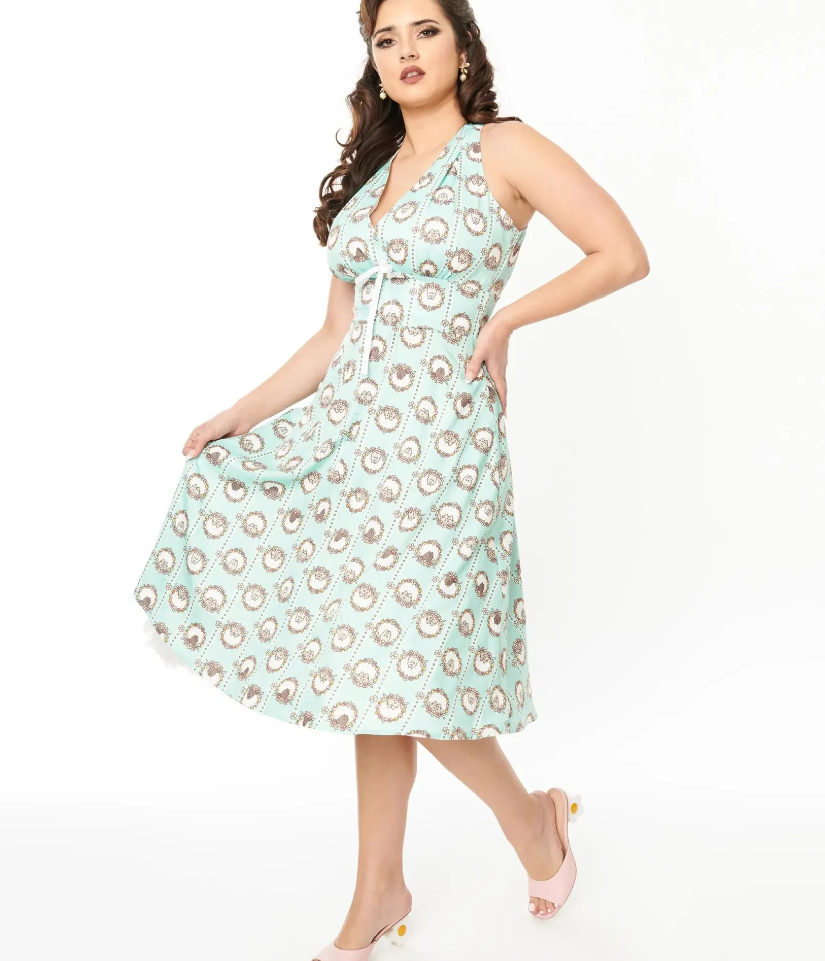 Unique Vintage Swing|Pocket Dresses>Pusheen x Teal Pusheen Floral Frame Print Halter Swing Dress