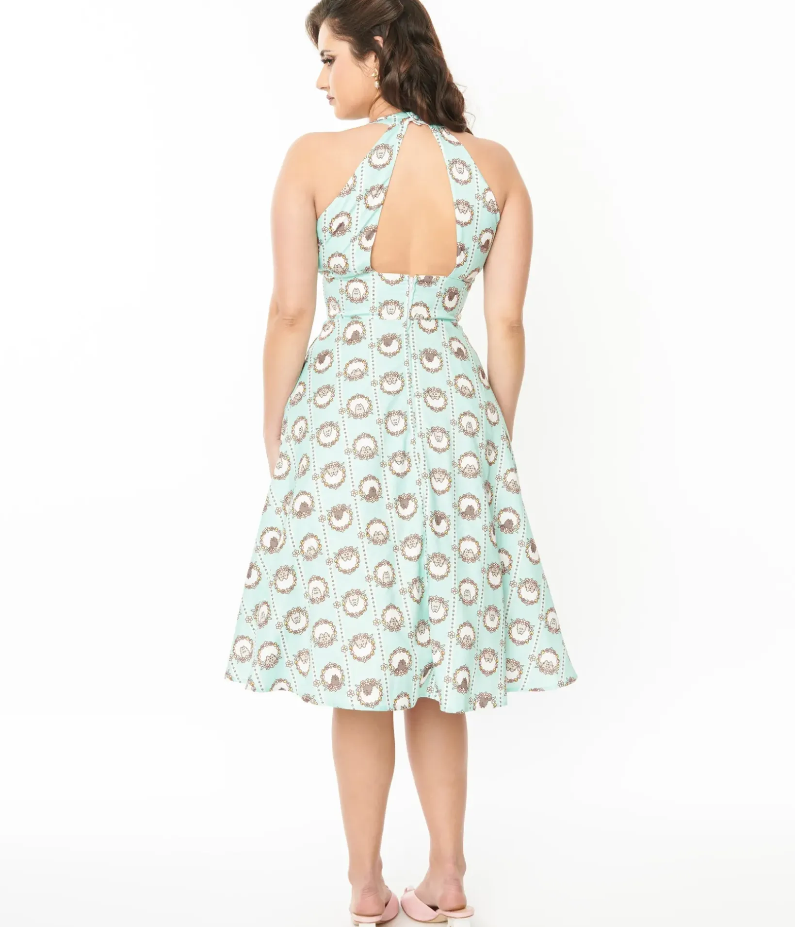 Unique Vintage Swing|Pocket Dresses>Pusheen x Teal Pusheen Floral Frame Print Halter Swing Dress
