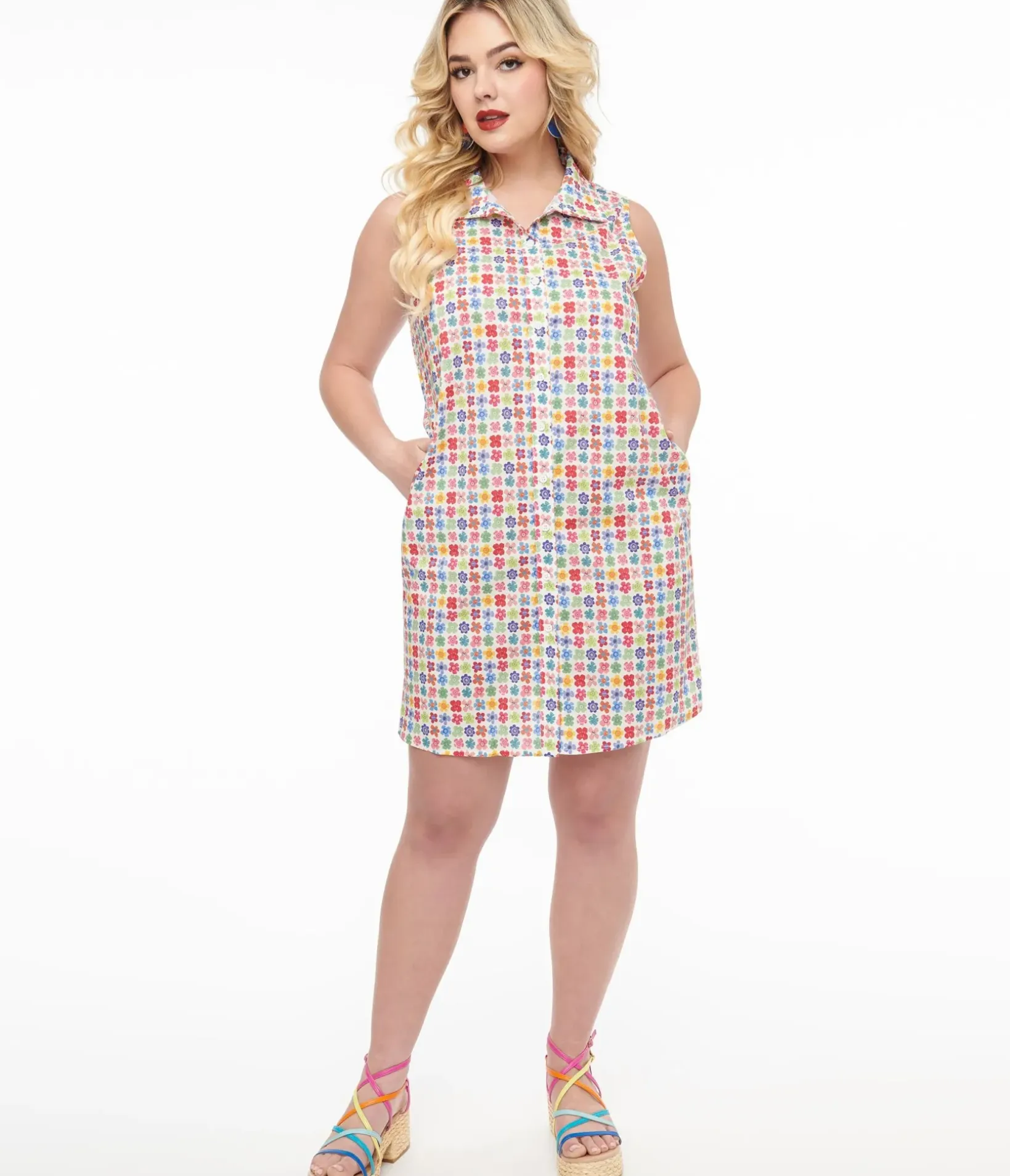 Unique Vintage Pocket Dresses|Everyday Dresses>Rainbow Floral Cotton Shift Dress